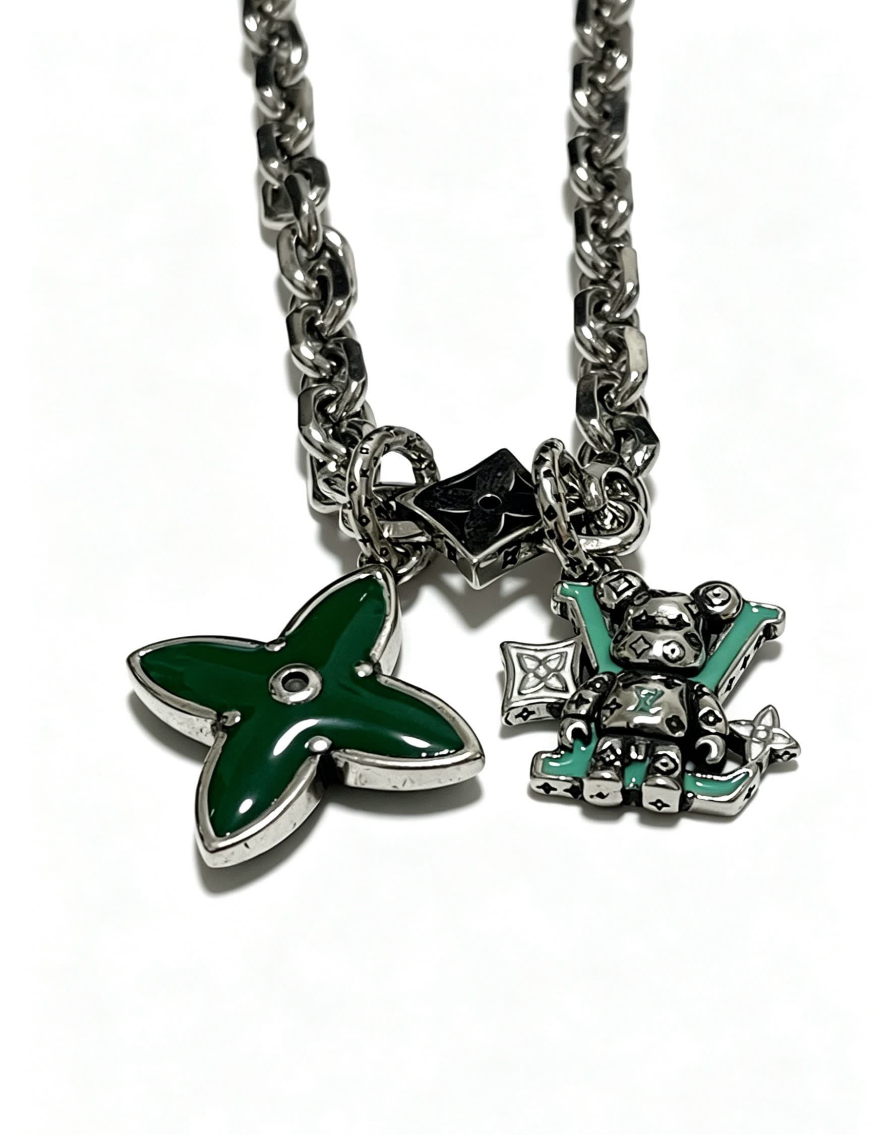 Louis Vuitton Silver Chain Necklace with Green Flower and Monogram Motif